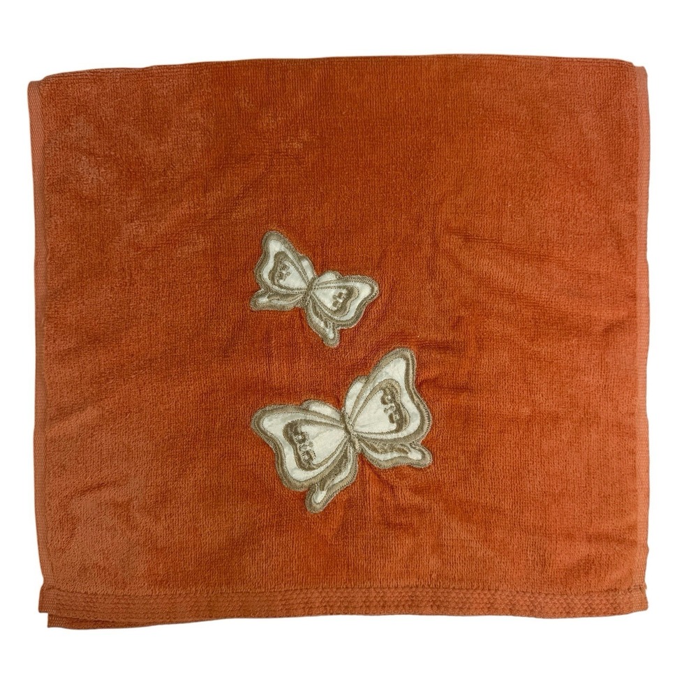 Vintage MCM Mod Embroidered Butterfly Hand Towel Orange Martex 1970's Made USA